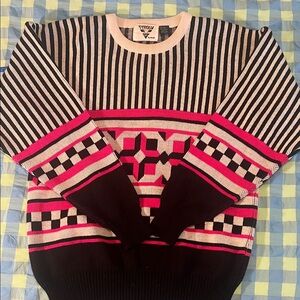 Tyrolia Vintage Ski Sweater in Pink and Black Geometric